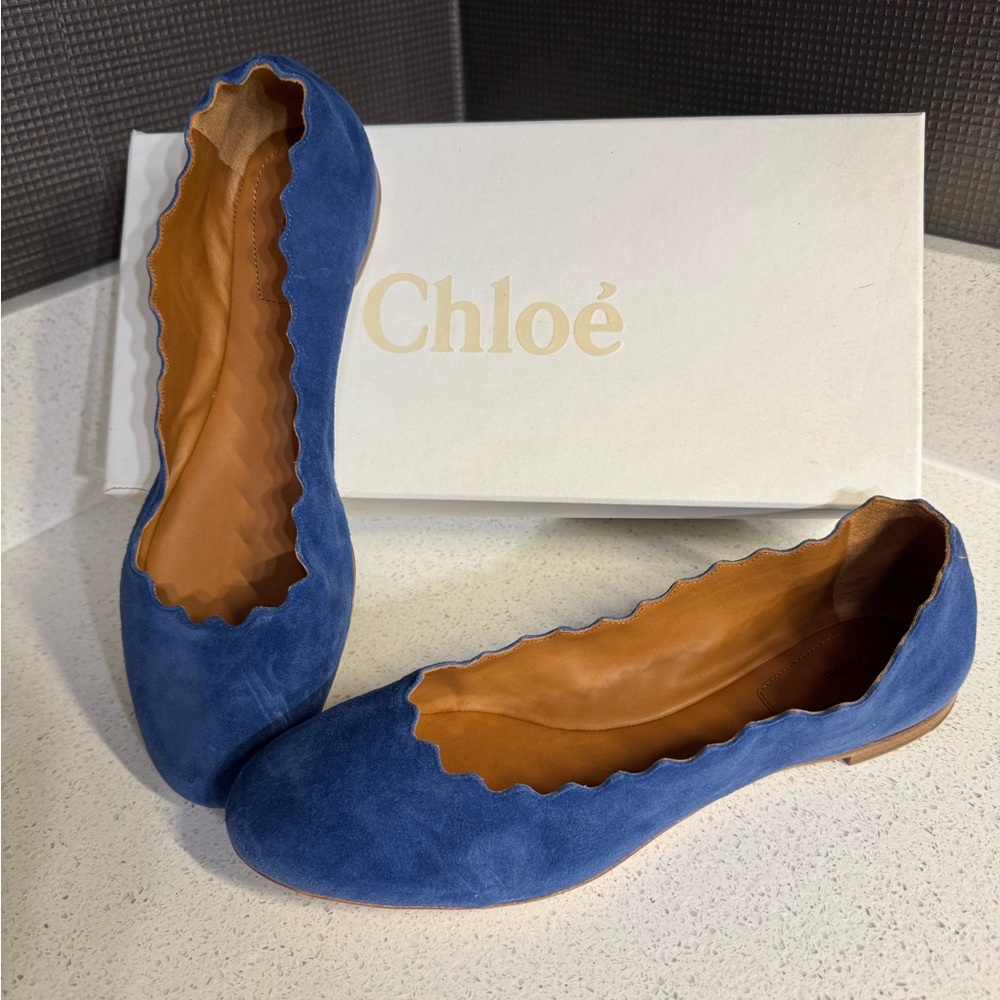 $500 Chloé Suede Scalloped Accent Blue Ballet Flats 38.5 NIB